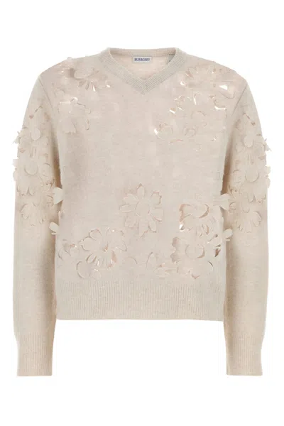 Burberry V-neck Perforated Rib Sweater In Beige