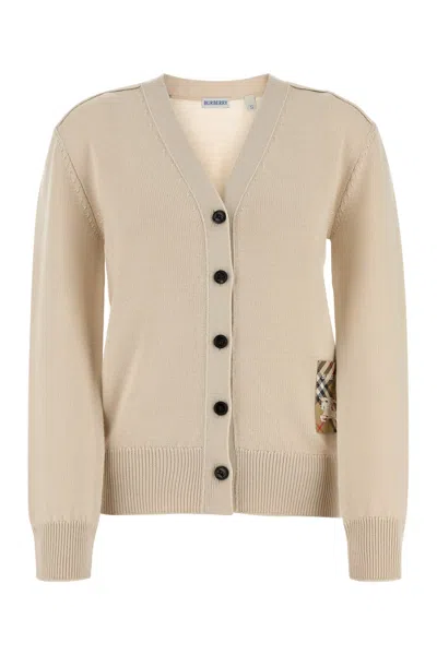 Burberry Wool Knit Logo Cardigan In Beige