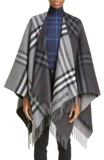 Burberry Split Check Fringe Trim Cashmere Cape In Grey/charcoal