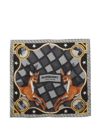 Pre-owned Burberry Square Deer-print Scarf In Black