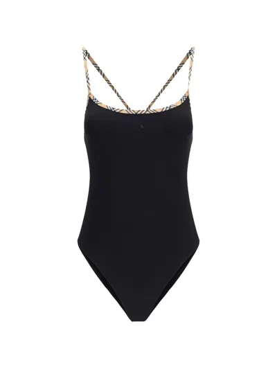 Burberry Square-neck Check-edged Mini Dress Top With Thin Straps In Nero