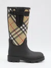 Burberry Woven Check Rain Boots With Adjustable Buckle And Equestrian Design In Black
