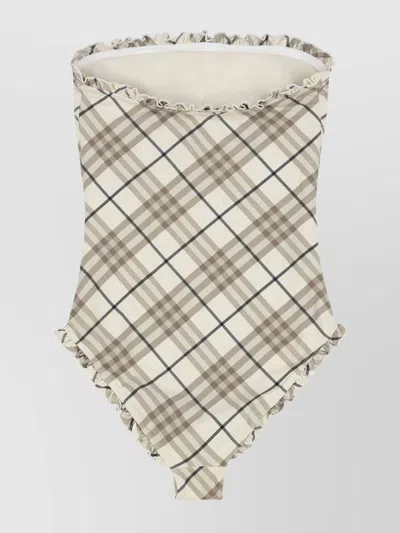 Burberry Strapless Checkered Pattern Ruffled Trims Swimsuit In Beige