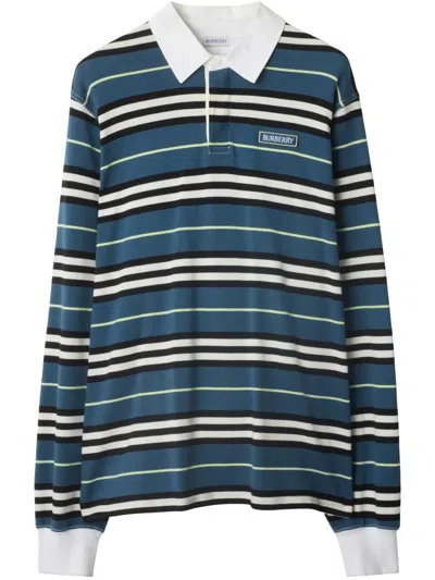 Burberry Logo Patch Striped Polo Shirt In Blue