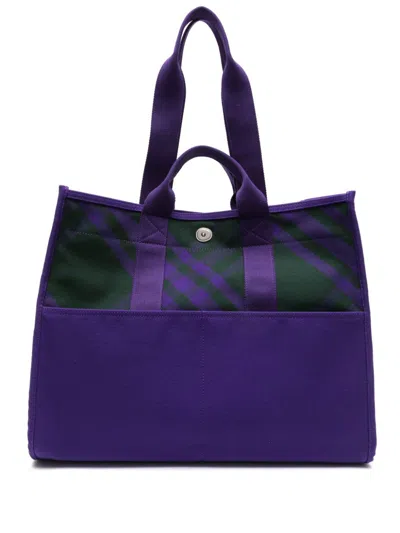 Burberry Stylish Check Pattern Tote Handbag For Women In Purple