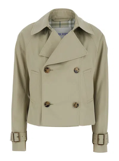 BURBERRY BURBERRY GREY DOUBLE-BREASTED JACKET WITH NOTCHED COLLAR AND BELTED CUFFS IN COTTON BLEND WOMAN