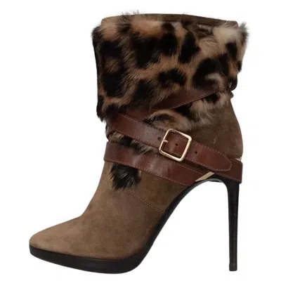 Pre-owned Burberry Suede & Fur Trim Chic Stiletto Heels Ankle Boots Sz.38.5 In Black