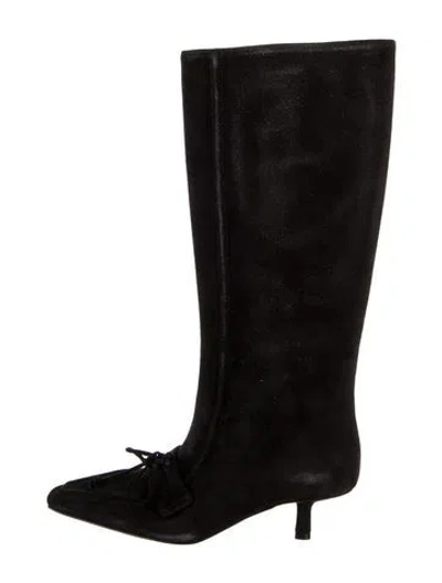 Pre-owned Burberry Suede Bow Accents Rain Boots In Black