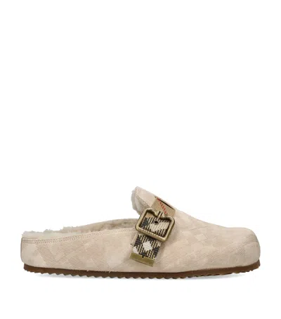 Burberry Flat Urchin Suede Shearling Mules In Neutral