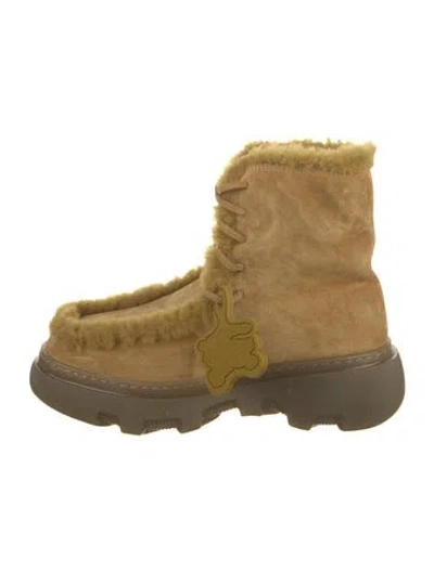 Pre-owned Burberry Suede Fur Trim Lace-up Boots In Yellow