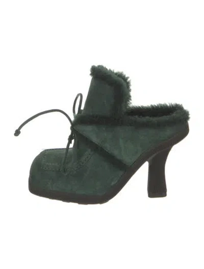 Pre-owned Burberry Suede Fur Trim Mules In Green