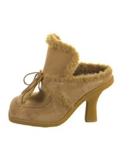 Pre-owned Burberry Suede Fur Trim Mules In Neutral
