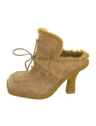 Pre-owned Burberry Suede Fur Trim Mules In Neutral