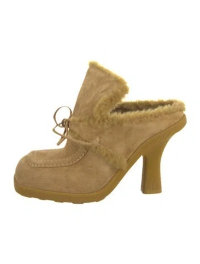 Pre-owned Burberry Suede Fur Trim Mules In Neutral