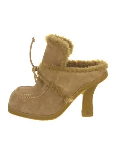 Pre-owned Burberry Suede Fur Trim Mules In Neutral