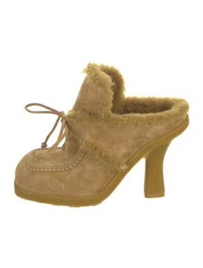 Pre-owned Burberry Suede Fur Trim Mules In Neutral