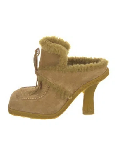 Pre-owned Burberry Suede Fur Trim Mules In Neutral