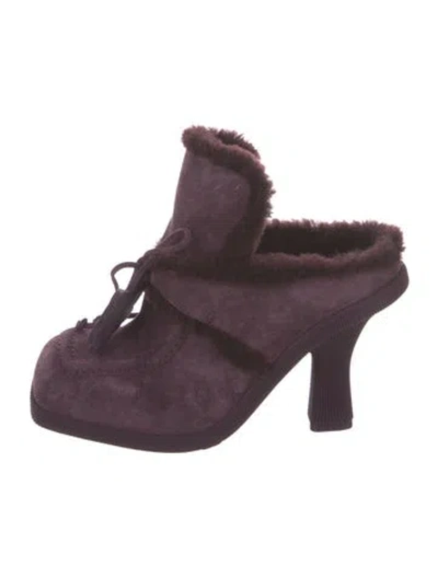 Pre-owned Burberry Suede Fur Trim Mules In Purple