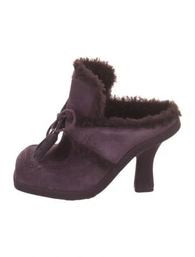 Pre-owned Burberry Suede Fur Trim Mules In Purple