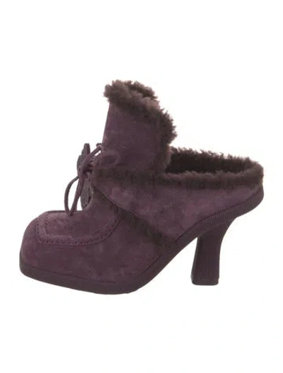Pre-owned Burberry Suede Fur Trim Mules In Purple