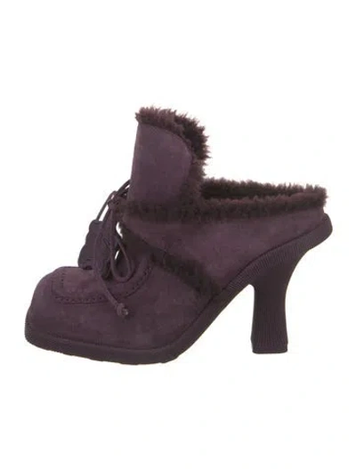 Pre-owned Burberry Suede Fur Trim Mules In Purple