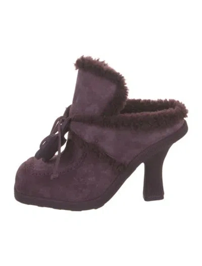 Pre-owned Burberry Suede Fur Trim Mules In Purple