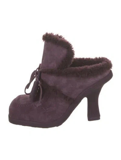 Pre-owned Burberry Suede Fur Trim Mules In Purple