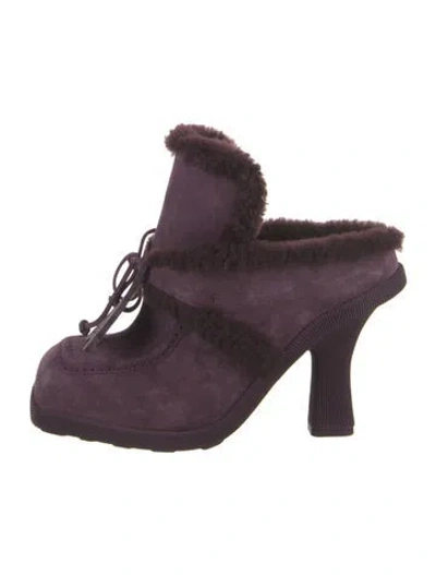 Pre-owned Burberry Suede Fur Trim Mules In Purple
