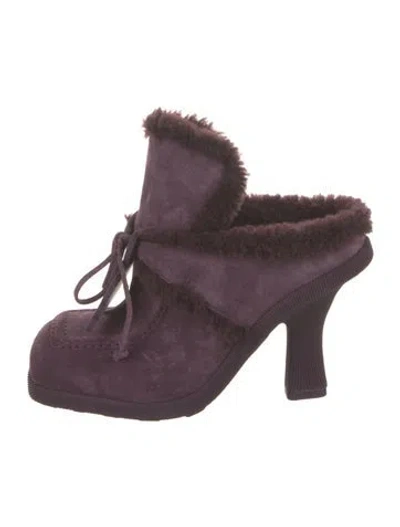 Pre-owned Burberry Suede Fur Trim Mules In Purple