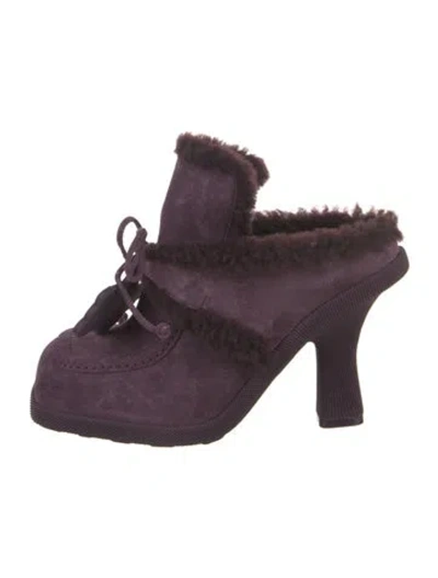Pre-owned Burberry Suede Fur Trim Mules In Purple