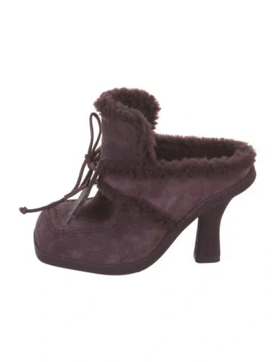 Pre-owned Burberry Suede Fur Trim Mules In Purple