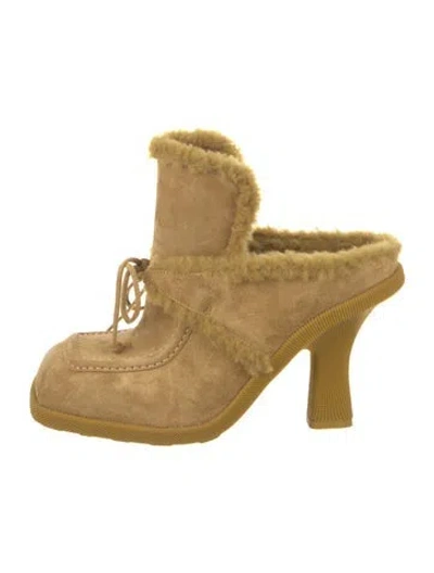 Pre-owned Burberry Suede Fur Trim Mules In Yellow