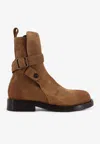 Burberry Suede Ankle Boots Block Heel Pull Tab In Brown