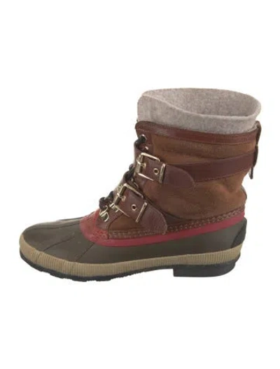 Pre-owned Burberry Suede Leather Trim Embellishment Rain Boots In Brown