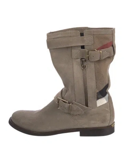 Pre-owned Burberry Suede Moto Boots In Neutral
