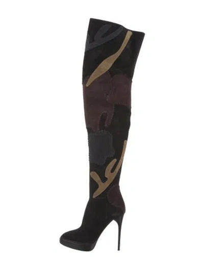 Pre-owned Burberry Suede Printed Boots In Black