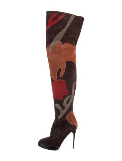 Pre-owned Burberry Suede Printed Boots In Brown