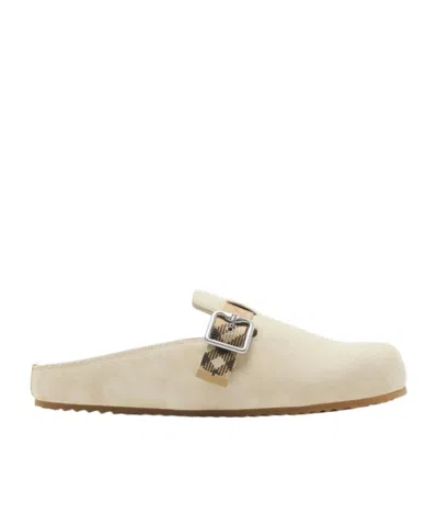 Burberry Slip-on Clog With Suede Finish And Buckle Detail In Beige