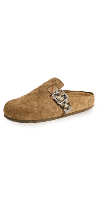 Burberry Urchin Canvas-jacquard Trimmed Textured-suede Clogs In Brown