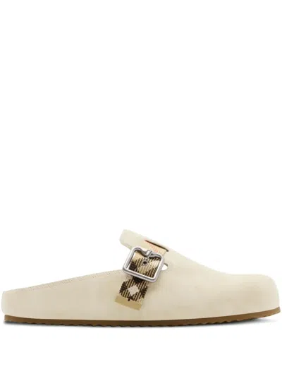 Burberry Checked Jacquard-trimmed Buckled Suede Clogs In Beige