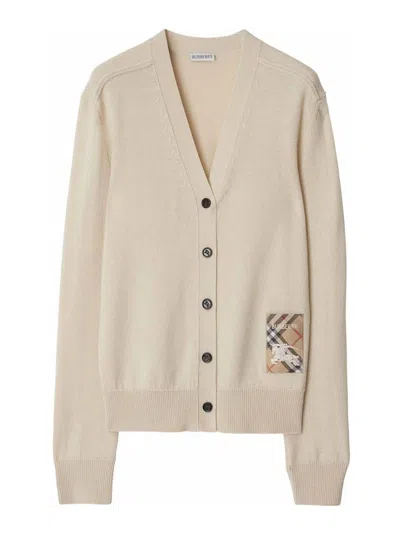 Burberry Wool Knit Logo Cardigan In Beige