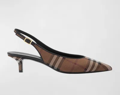 Pre-owned Burberry Summer 40 Check Slingback Pumps, Dark Birch Brown - Retail $920 In Dark Birch Brown Check
