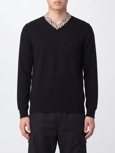 Burberry Black Wool Sweater With Check Motif Neckline In Multi