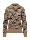 Burberry Plaid Crewneck Sweater With Ribbed Trims In Sand