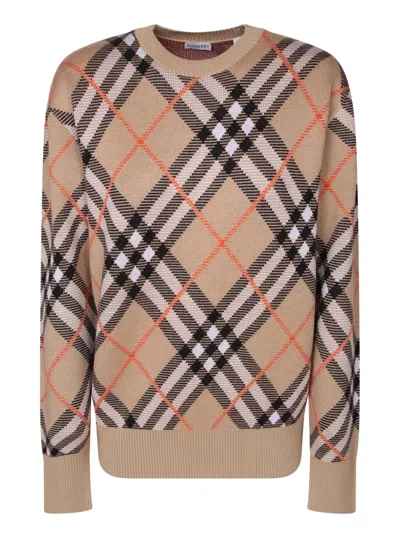Burberry Womens Sand Ip Check Check-print Regular-fit Stretch Wool-blend Jumper