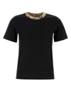 Burberry Black Crewneck T-shirt With Ckeck Motif On The Collar In Cotton Woman