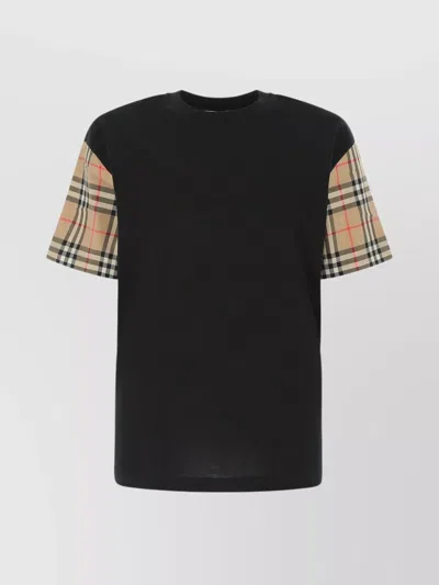 Burberry T-shirt Cotton Checkered Sleeves In Black