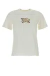Burberry Ribbed Cotton T-shirt With Equestrian Motif And Logo Patch In Neutral