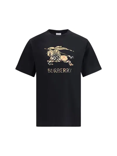 Burberry Men Black Crewneck T-shirt With Ekd And Logo Lettering Embroidery On The Front In Cotton Ma