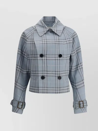 Burberry Tailored Collared Check Jacket With Pockets In Blue